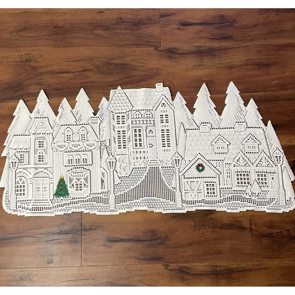 Crocheted‎ Victorian Christmas Village Cutout Table Runner 15